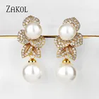 ZAKOL новые темпераментные блестящие микро-инкрустированные кубические циркониевые жемчужные висячие серьги с роскошным листом для помолвки вечерние ювелирные изделия для женщин