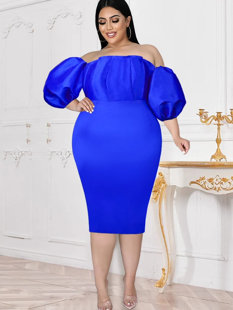 Plus Size Blue Midi Party Dress Women Off Shoulder Short Puff Sleeve High Waist Sexy Bodycon Evening Cocktail Event Fall Gowns