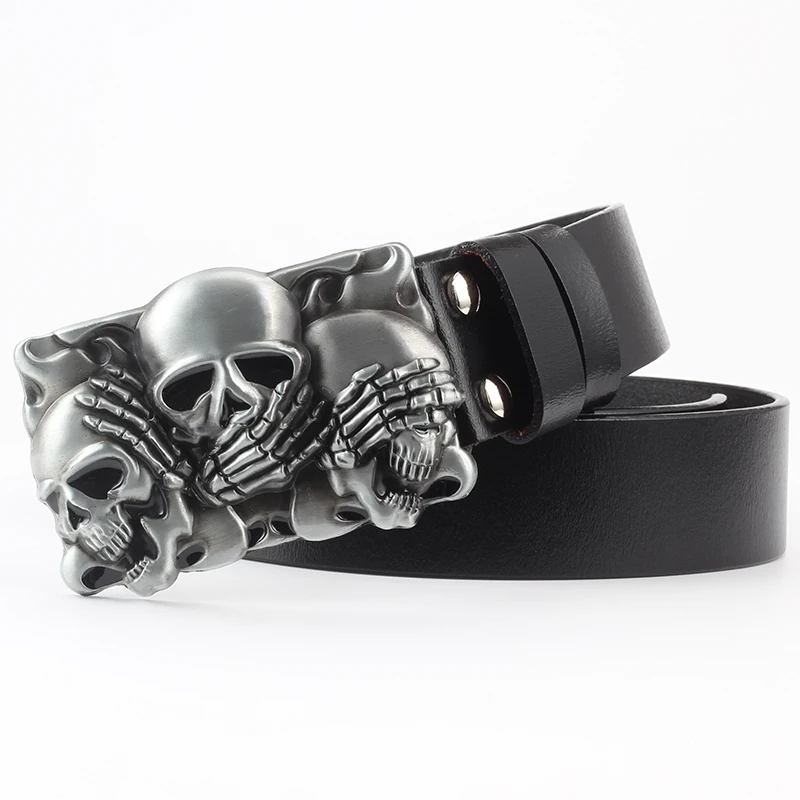 Punk Rock Skull Head Buckle Men Belt PU Leather Western Cowboy Belts Mens Accessories