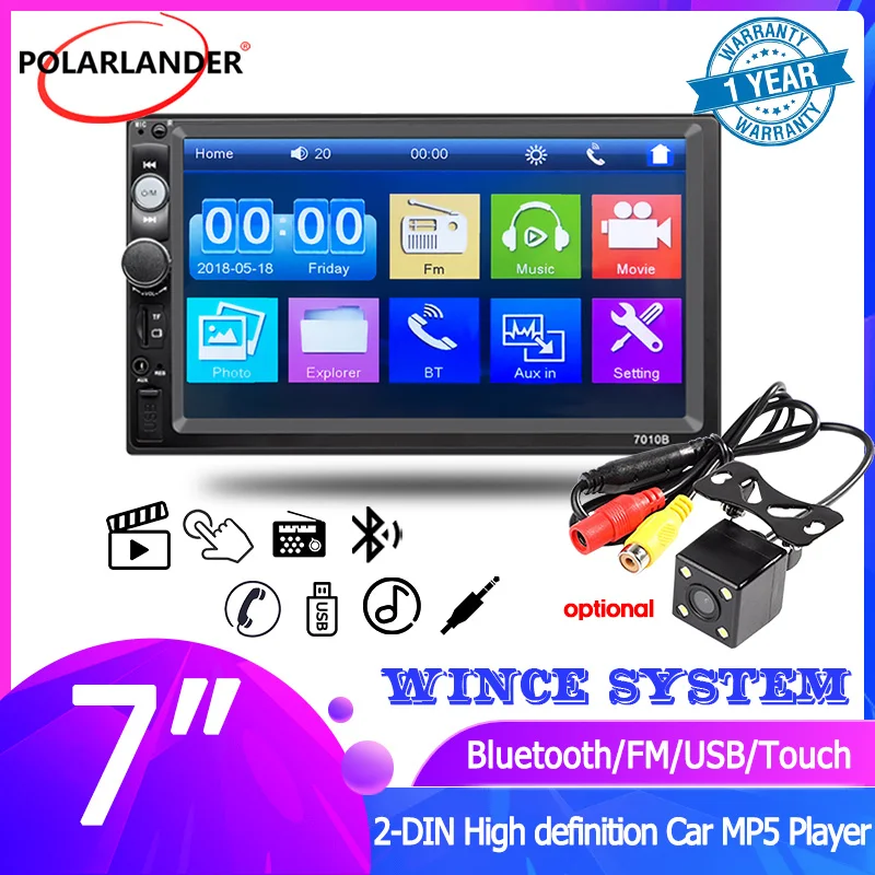 

Автомагнитола 2 DIN с сенсорным экраном 7 дюймов, Bluetooth, MP5, USB, TF, FM