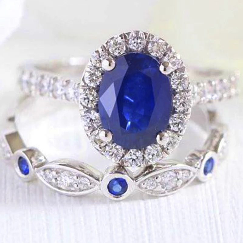 

2 Pcs/set Temperament Egg-shaped Blue Crystal Ring Set for Women Inlaid White Crystal Banquet Ring Jewelry Whole Sale