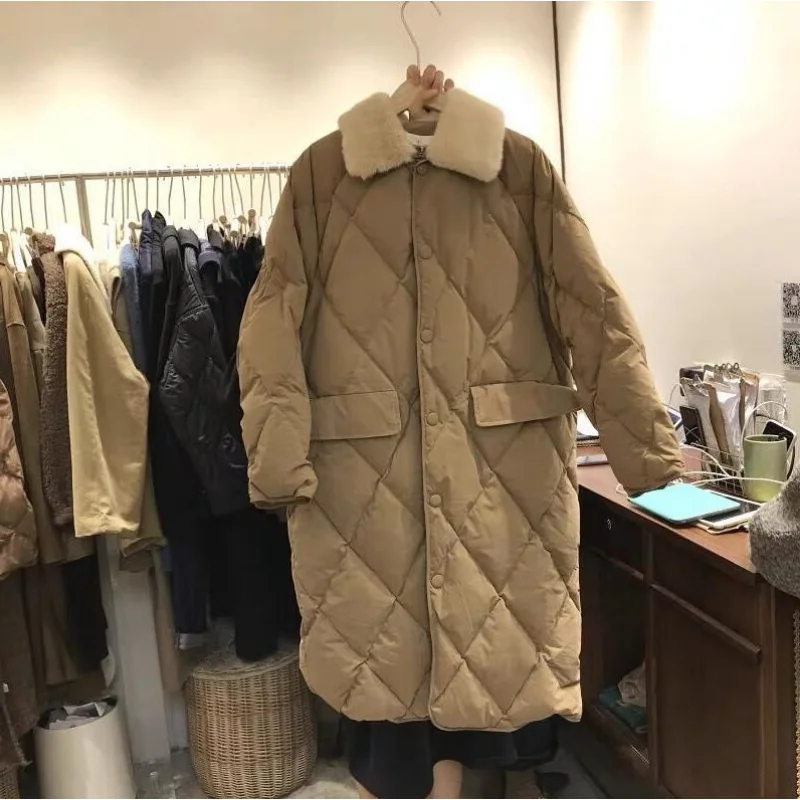 Oversize Parka Mujer Winter Clothes Women Female Warm Rhombus Pattern Fur Collar Cotton Overcoat Long Parkas Casual Thick Coats