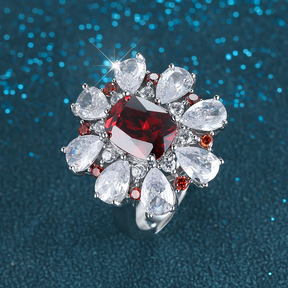

Luxury AAAA Pear Cut Clear Red Zircon Flower Ring for Women Silver Color Ruby Stone Open Adjustable Ring Party Banquet Jewelry