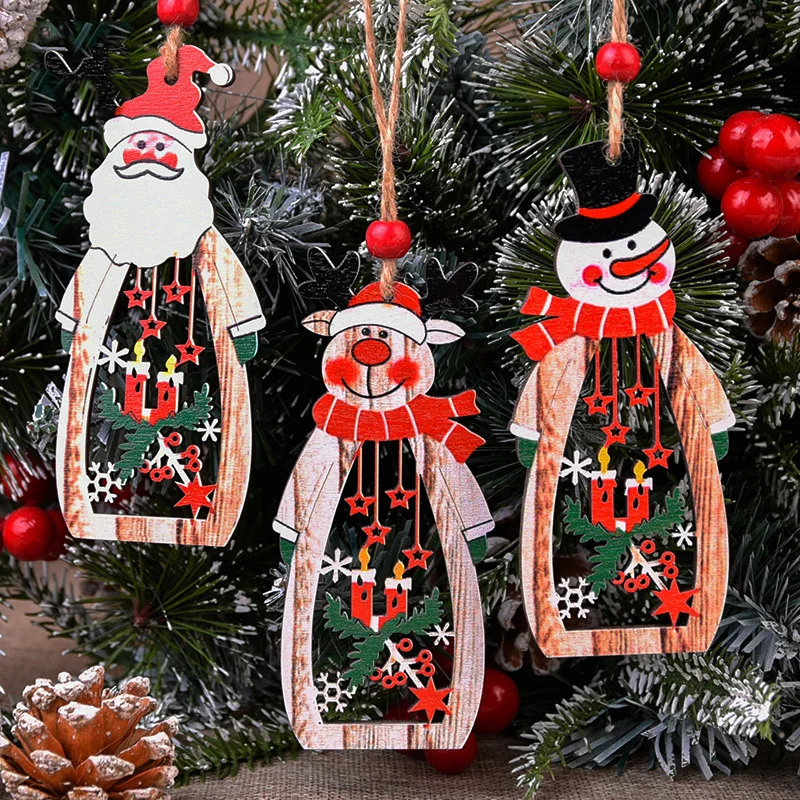 Christmas Deco Wooden Santa Elk Claus Hollow Candle Hangers Gift Wholesale Christmas Tree Hanging Ornament Party Signs Plaque