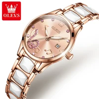 olevs 3605 fashion waterproof watch for women quartz ceramic strap ceramics rose gold diamond encrusted women wristwatches