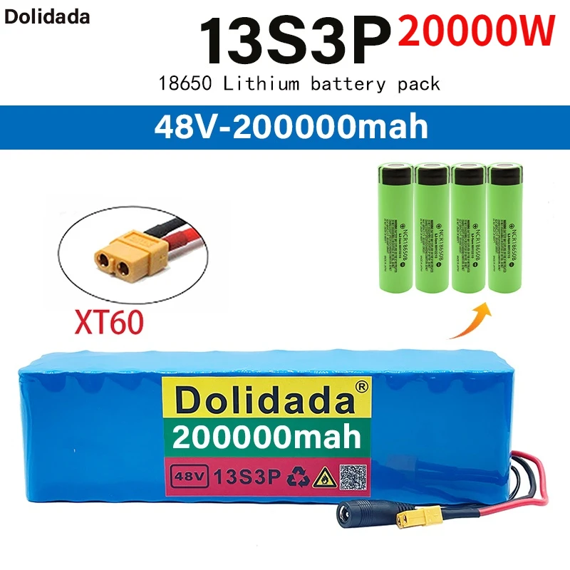

New 48V 200000mAh 20000W 13S3P XT60 48V Lithium Ion Battery Pack 200Ah for 54.6v E-bike Electric Bicycle Scooter with BMS