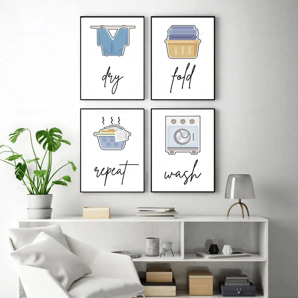 

Laundry Shop Wash Dry Fold Repeat Poster Sign Wall Art Pictures Prints Canvas Painting for Bathroom Utility Room Decor Cuadros