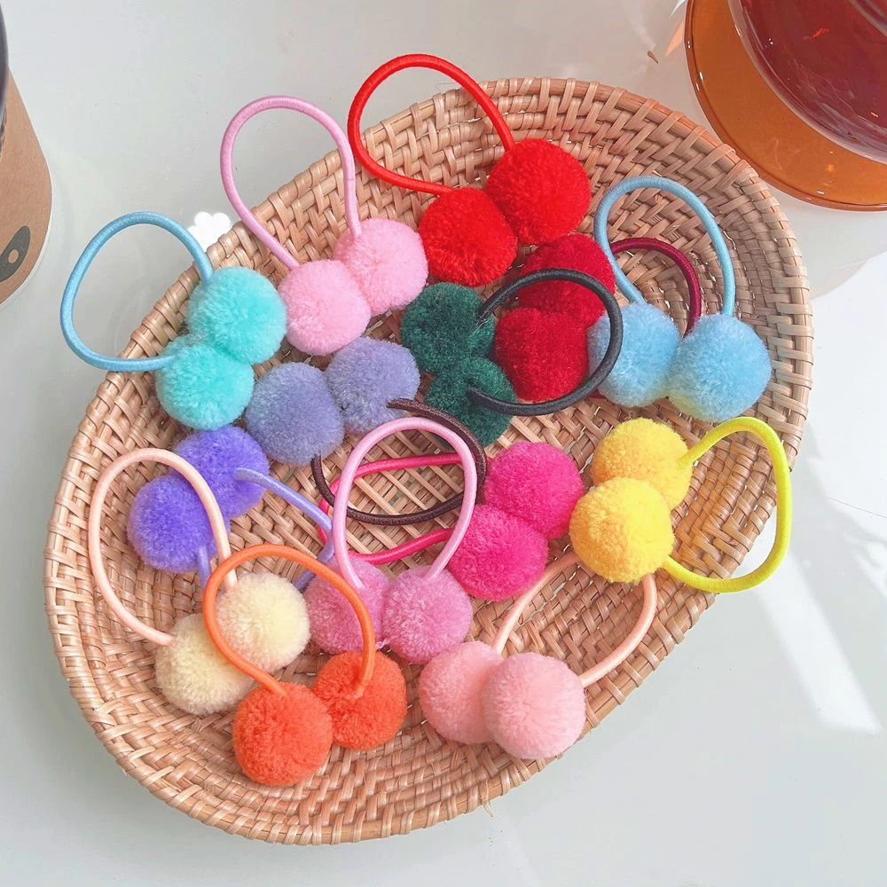 

14 Pcs/lot 1.4" Solid Double Fur Ball With Elastic Rope For Kids Girls Handmade Hair Band Small Hair Ring Ties Hair Accessories