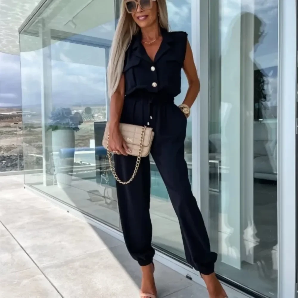 Женский сексуальный однотонный длинный комбинезон на пуговицах без рукавов с