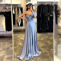 light blue satin one shoulder evening dresses spaghetti strap beading v neck party dress formal long dubai prom gown zipper back