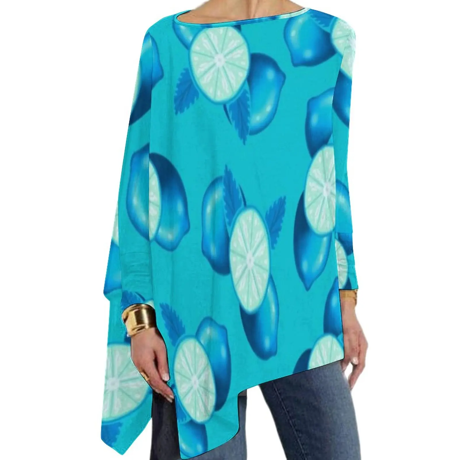 

Футболка женская оверсайз с длинным рукавом, круглым вырезом и принтом лимона