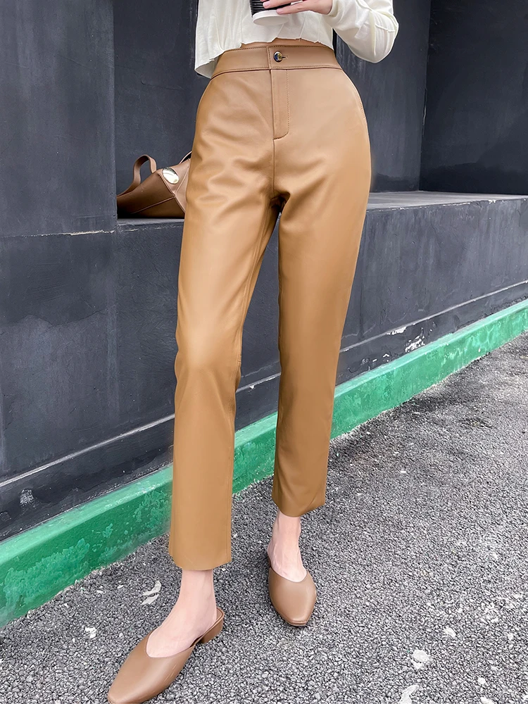 Genuine Leather Pants Women's Ankle Length Pencil Pants Elastic Waist  Sheepskin Pants Women's Casual Leather Pants