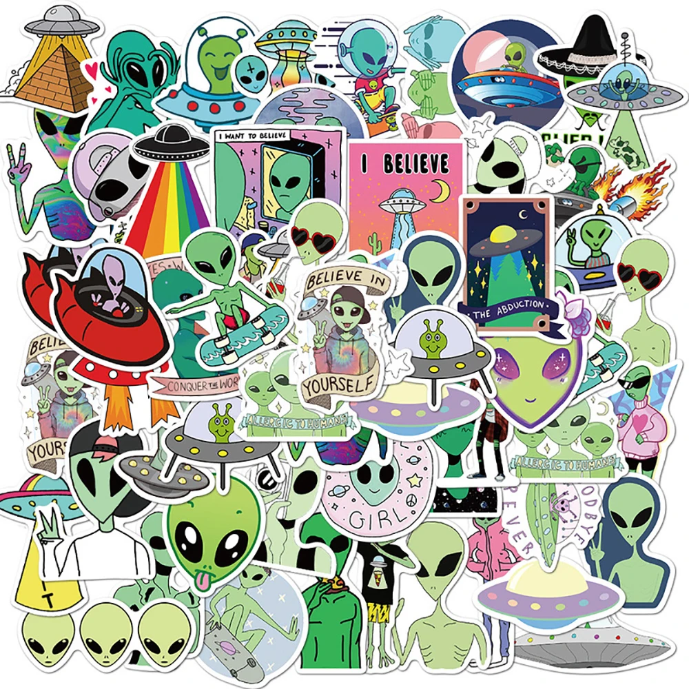 

10/30/50PCS Outer Space UFO Alien Cartoon Stickers Car Travel Luggage Guitar Laptop Fridge Waterproof Classic Toy Decal Sticker