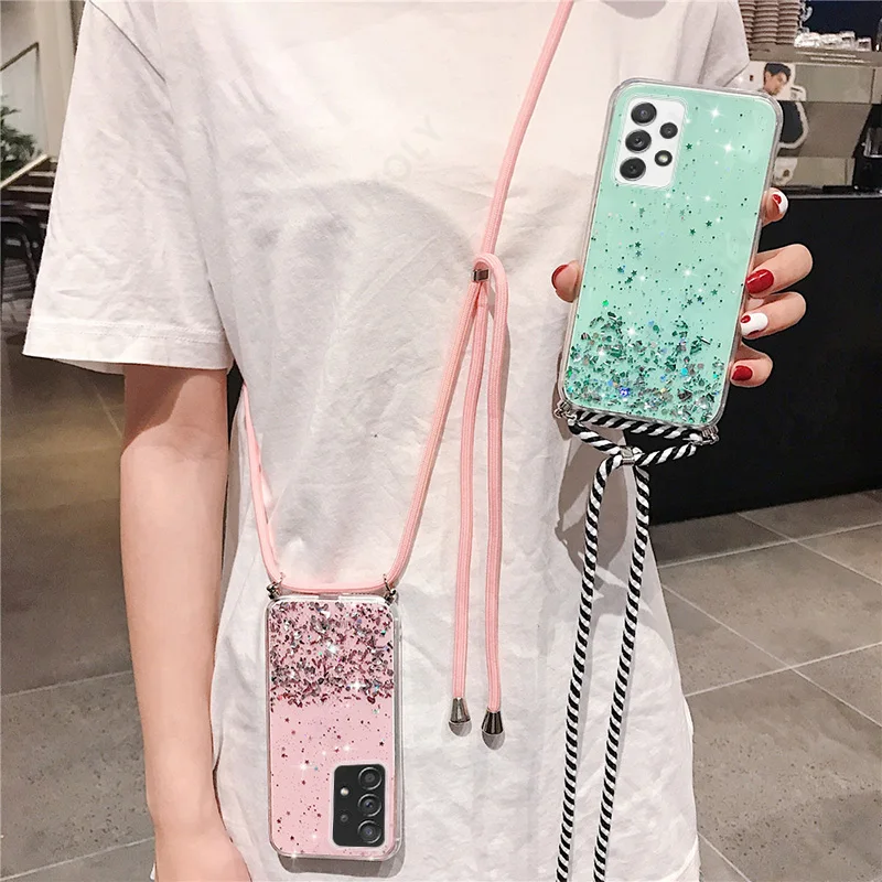 With Neck Strap Rope Cord Clear Glitter Case For Samsung A52 5G A72 A53 A73 5G A52s A71 Samsung S23 S22 Ultra S20 S21 FE Case