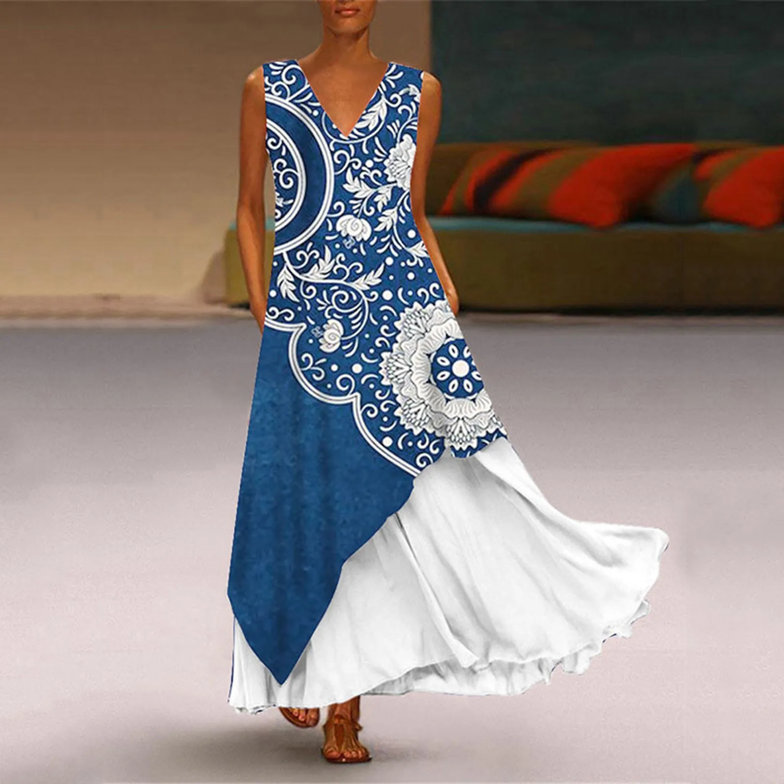 

Women Casual Dress Boho Print Sleeveless Loose Pocket V-Neck Long Dresses Chiffon Splice Womens Sun Dresses Summer Casual