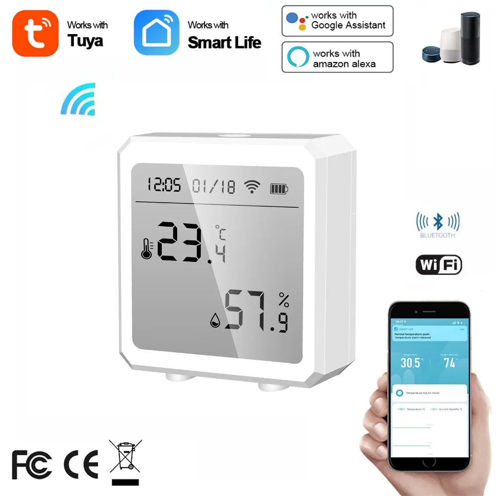

Wifi+Bluetooth Tuya Smart Temperature And Humidity Sensor Can Be Connected To Hotspots With Alarm Functions Upport Smart Life
