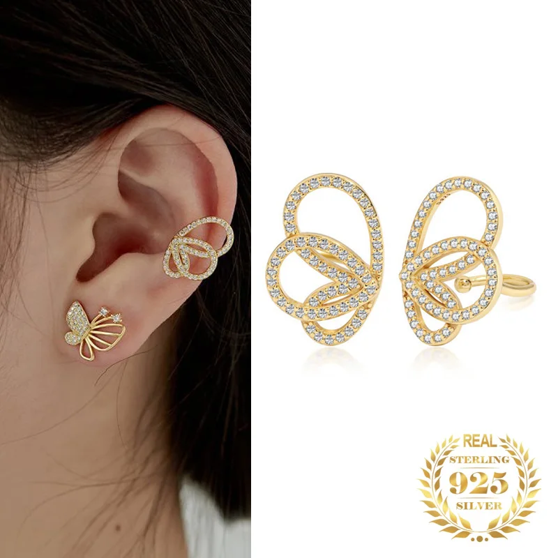 

Fashion Jewlelry Women's Luxury Insect Butterfly Ear Cuff Sterling Silver 925 Gold Plated Zircon Ear Cuffs Women Earrings Stud