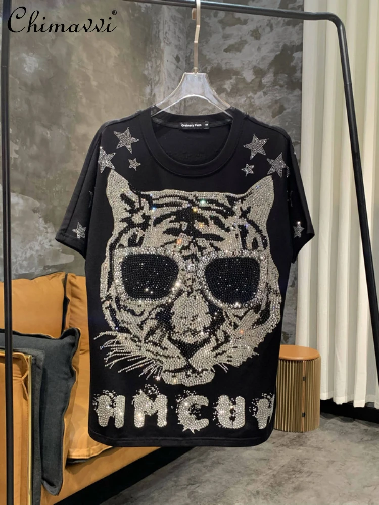 2022 Summer New Animal Pattern Diamond Loose All-Match T-shirt Women's Fashion Round Neck Casual Pullover Top for Ladies