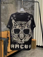 2022 summer new animal pattern diamond loose all match t shirt womens fashion round neck casual pullover top for ladies