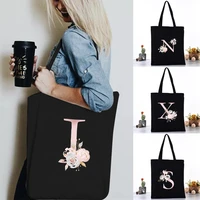 women canvas shoulder bag reusable shopping bags ladies pink flower printing handbags casual tote grocery storage bag for girls