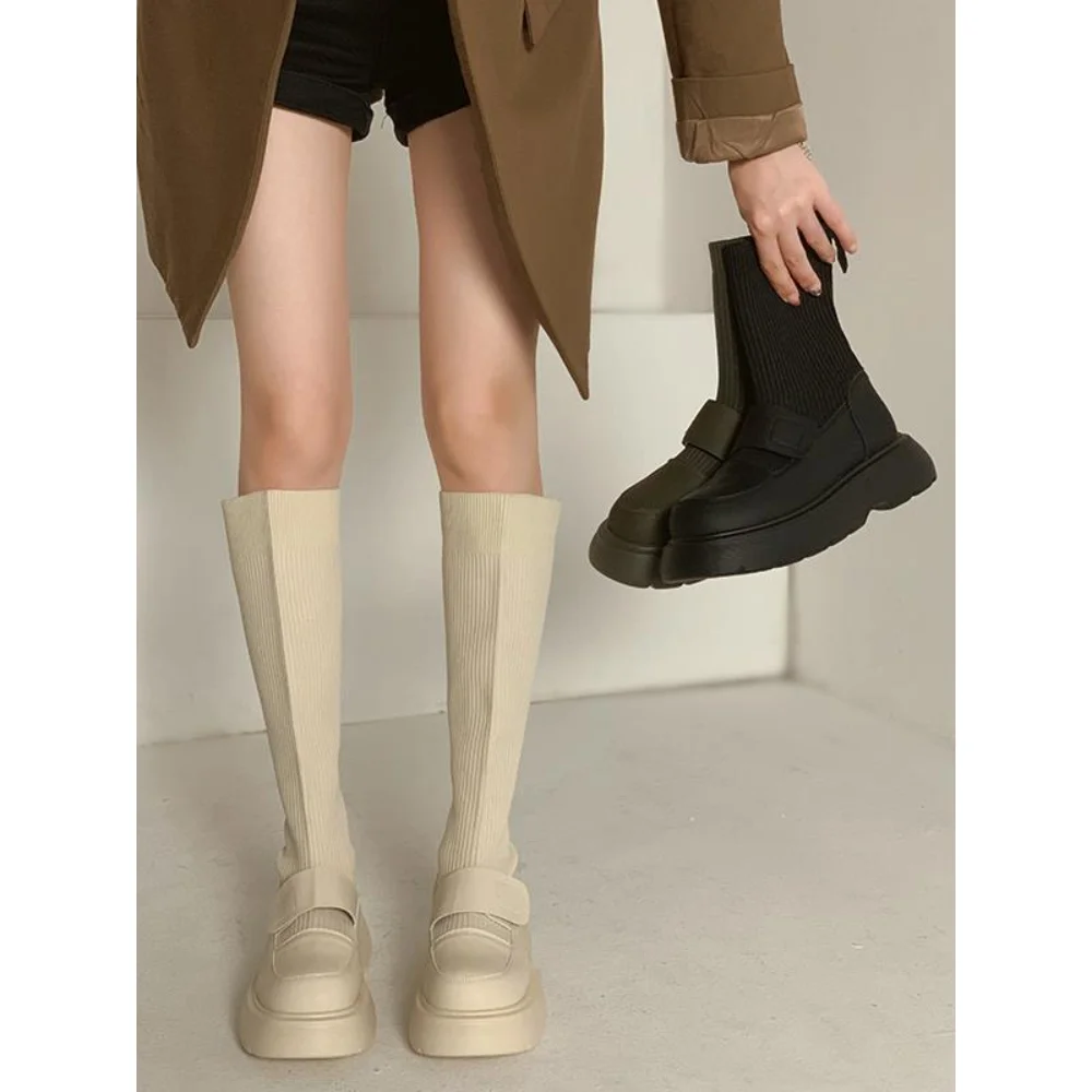 Fashion High Sock Boots For Women Round Toe Ladies Modern Rubber Female Shoes New Outside Platform Knee Stretch Boots