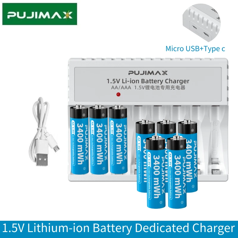 

PUJIMAX 8-Slot Independent Special Charger for 1.5V Lithium Batteries+Constant Voltage AA 3400mWh Li-ion Rechargeable Battery