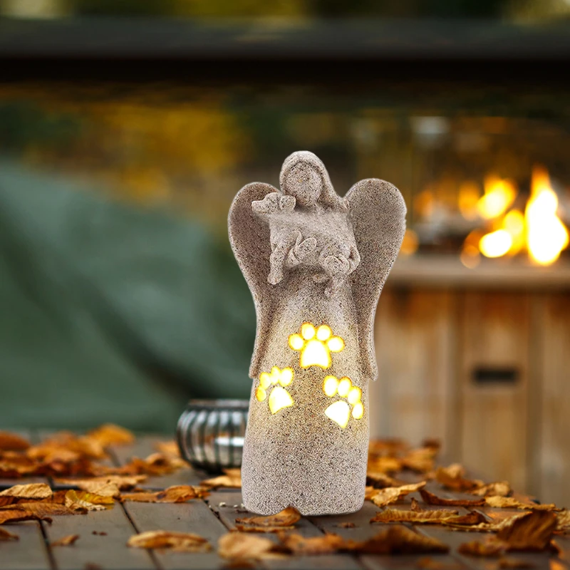 Friendship Angel Figurine With Led Light Dog Memorial Gift Pet Loss Resin Bedroom Sympathy