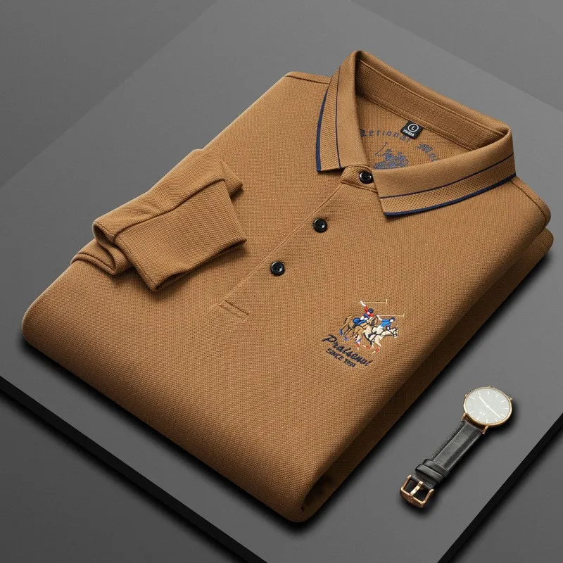Men's Exquisite Embroidery Long Sleeve Polo Shirt 2023 Autumn New Skin Friendly Pure Cotton Polo Neck T-shirt Trendy Dad's Wear