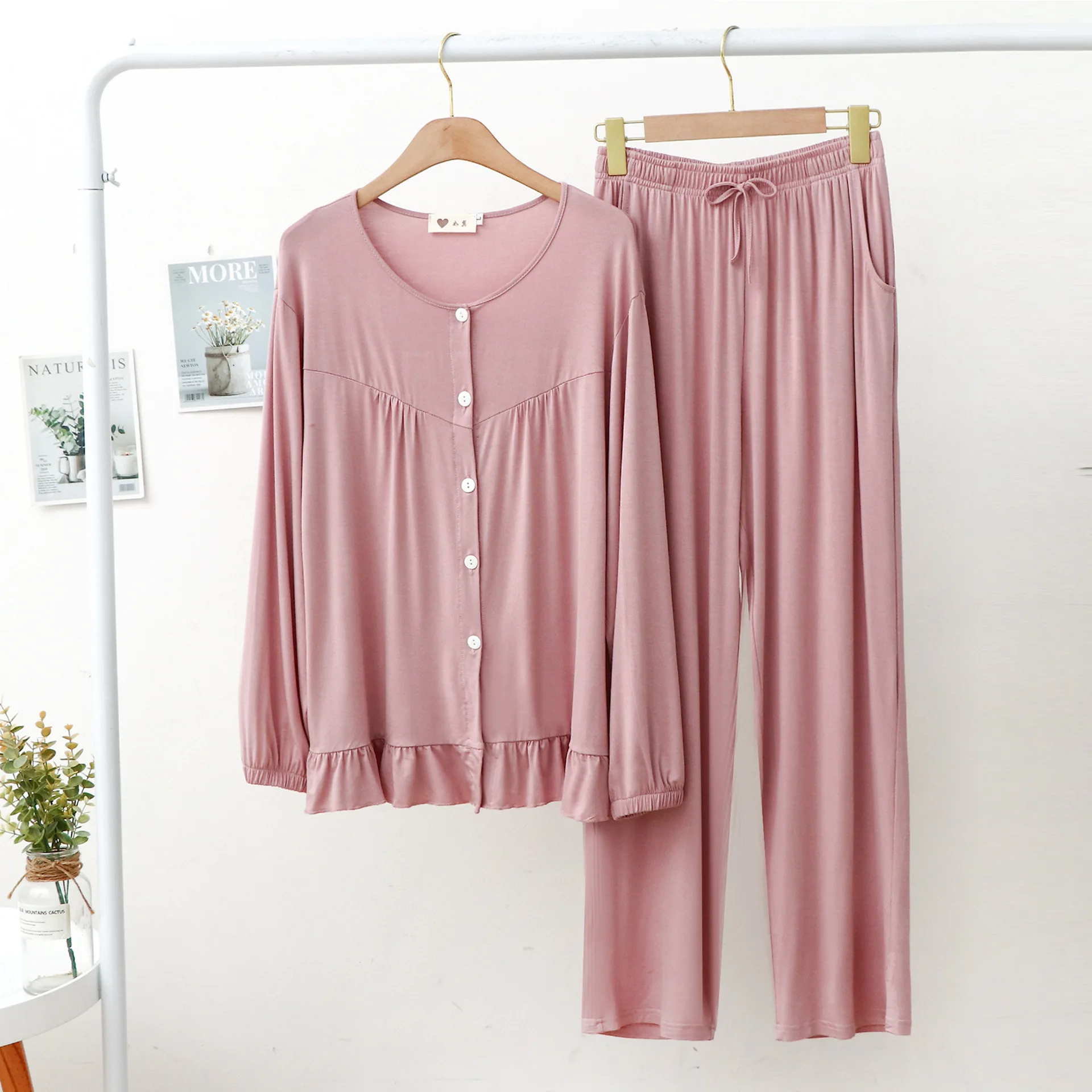 Modal Tracksuit Pajamas Women Breasted Pleated Long Sleeve Trousers Sexy Two Piece Set Solid Color Soft Good Drape Casual Outfit