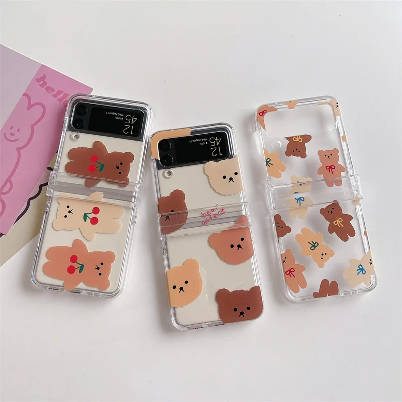 

Cute Cartoon Brown Teddy Bear Phone Case for Samsung Galaxy ZFlip 4 3 Hard Cover for ZFlip3 Zflip4 Solid Shell Bracket