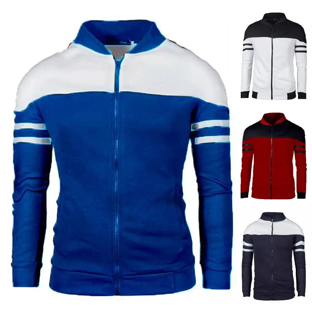 

Men Autumn Coat Zipper Stand Collar Long Sleeves Men Coat Contrast Colors Stretchy Hem Men Coat Color Matching Plush Fall Coat