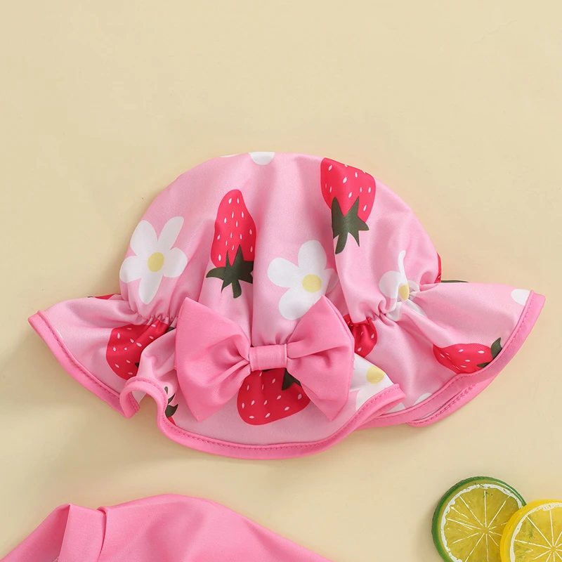 Baby Girls Swimsuit Strawberry Flower Mermaid Bikini with Hat Newborn Swimwear for Summer Bathing