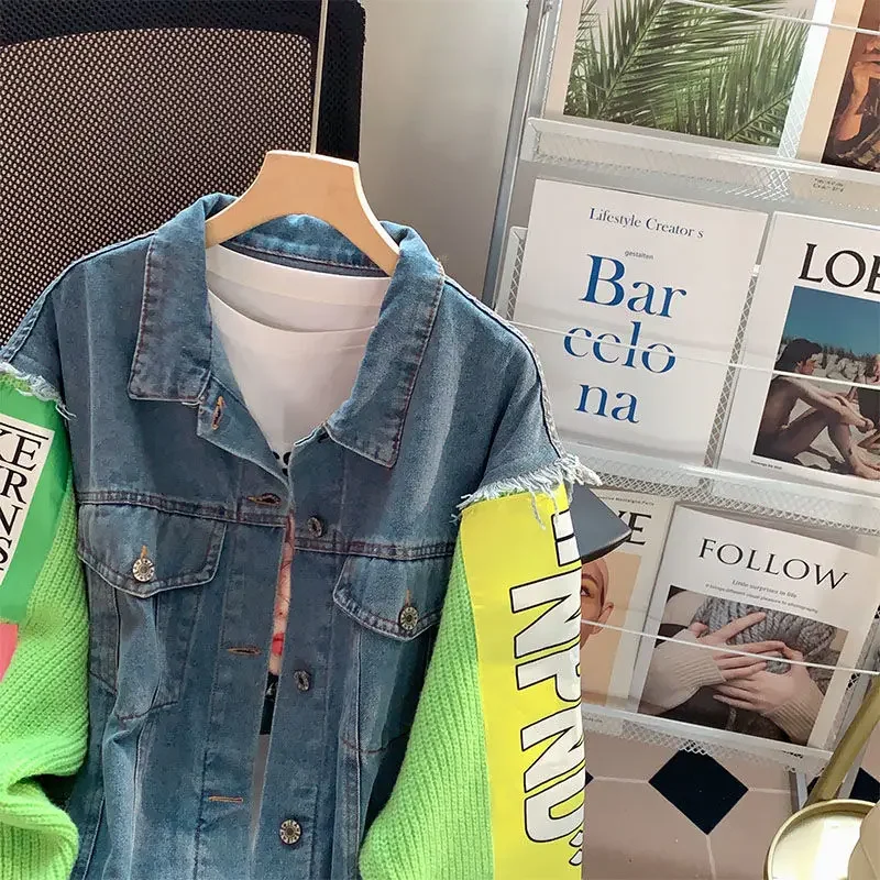 Женская розовая вязаная джинсовая куртка с прострочкой свободная верхняя одежда