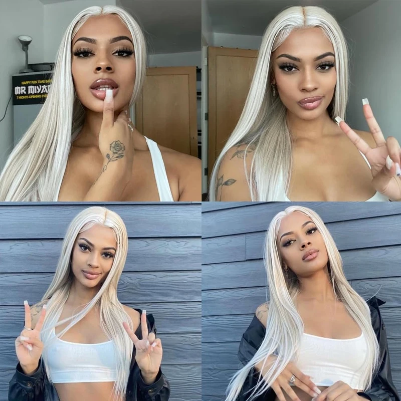 60/613 Gold gradient Grey lace front wig White gold light yellow long straight Japanese synthetic Platinum 26 inch