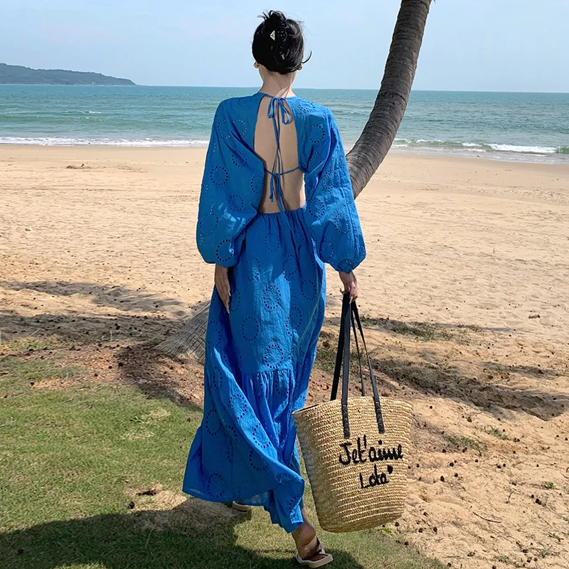 

Женское длинное платье с открытой спиной, модное шикарное платье в богемном стиле с вышивкой и ажурной талией, весна-лето 2023