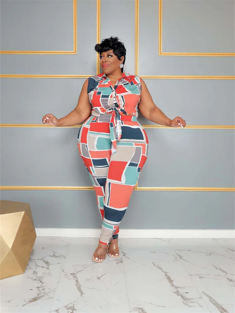 Plus Size Two Piece Sets Women Clothing Patchwork Sleeveless Top Leggings Csual Matching Outfits Whole 3xl 4xl 5xl 6xl