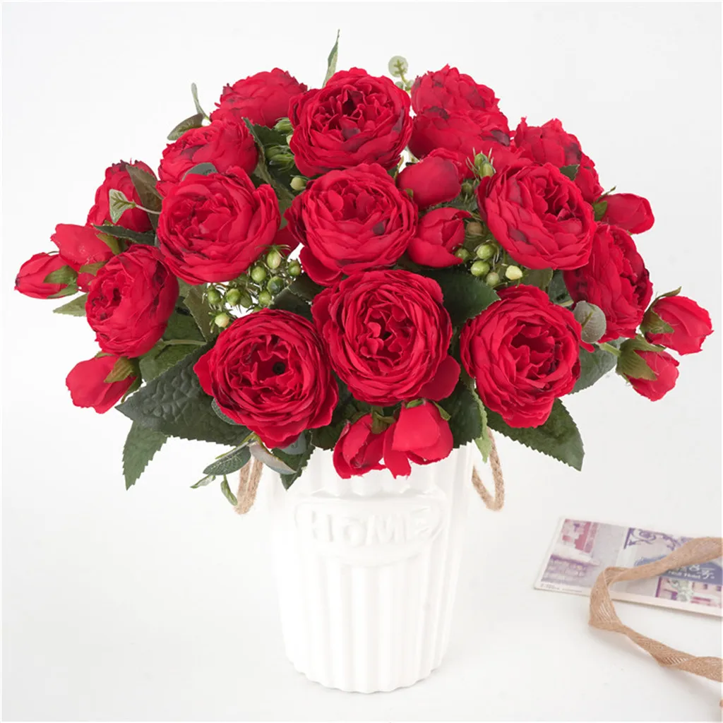 

One Bundle Of 9 Heads Simulated Peony Silk Cloth Peony Vivid True Touch Texture Artificial Flower Home Wedding Beautiful Decor