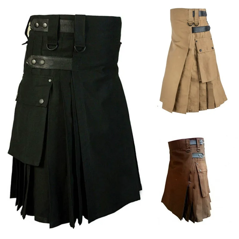 Fashion Scottish Men Adult Traditional Kilt Medieval Metal Vintage Gothic Punk Pleated Skirt Halloween Carnival Cosplay Costumes
