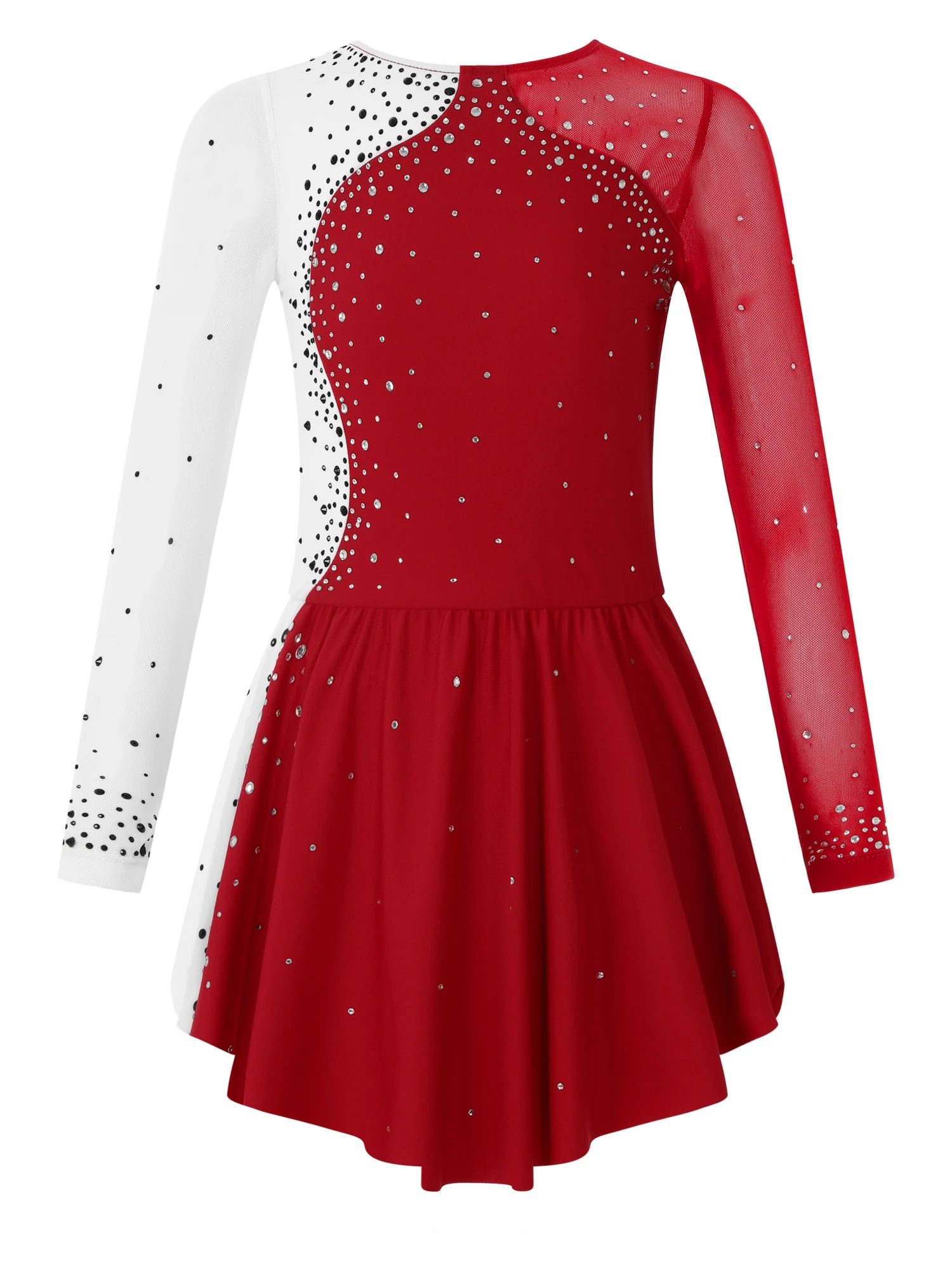 

Kids Girls Long Sleeve Dance Dress Round Neckline Shiny Rhinestone Decorated Patchwork Contrast Color Skating Dresses Party Wear