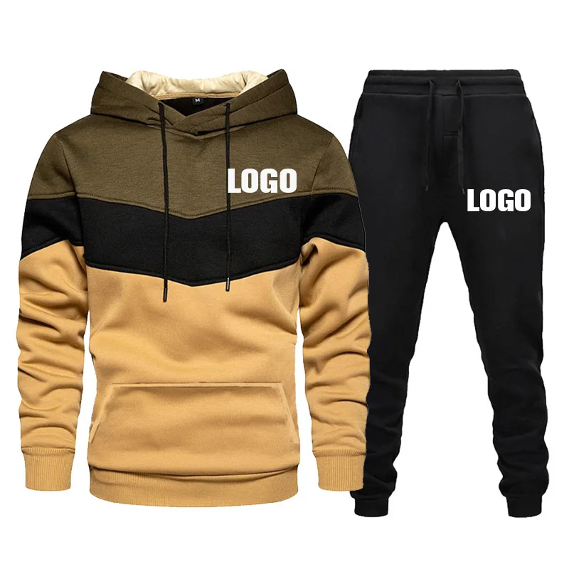 Custom LOGO Men's Sportswear Color Stitching Brand Hoodie + Pants 2 Pieces Set Spring Autumn Casual Jogging Suit Male Tracksuit