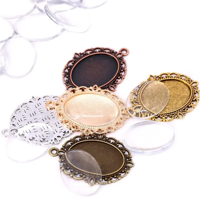 

N58F 60 Pcs Pendant Trays Kit Metal Flat Pendant Blank Trays Bezel Oval Cabochon Base Setting Charms Pendant for DIY Jewelry