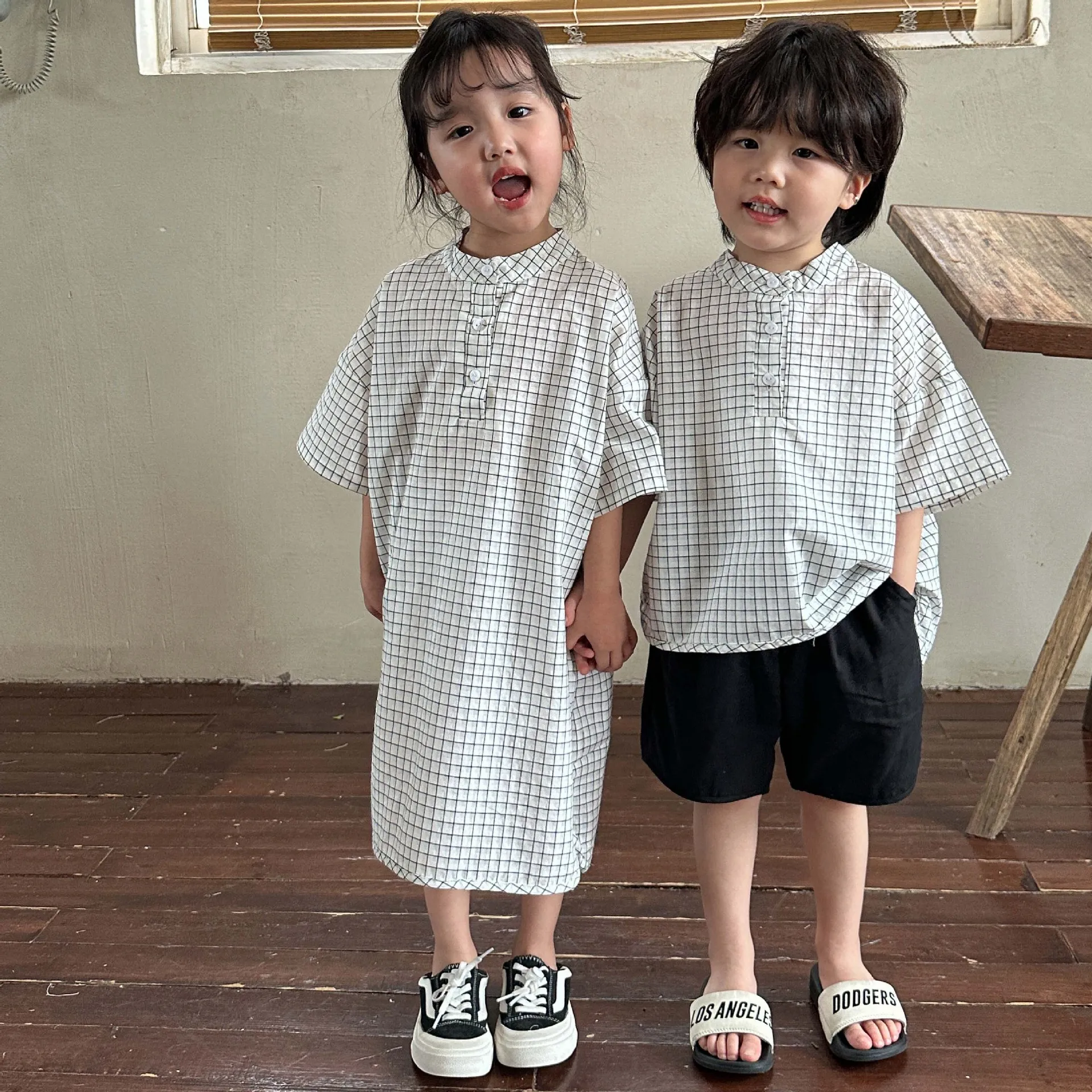 

2023 New Summer Baby Kids Cotton Brief Cool Clothes Plaid Girls Loose Dress and Boy Tops + Short Pants 2Pcs Baby Fashion Outfits