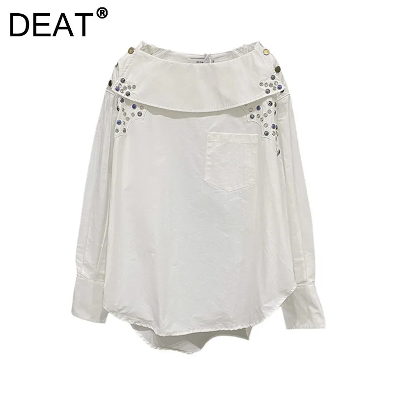 DEAT женская блузка с разрезом на шее черно-белые украшения пуговицах свободные