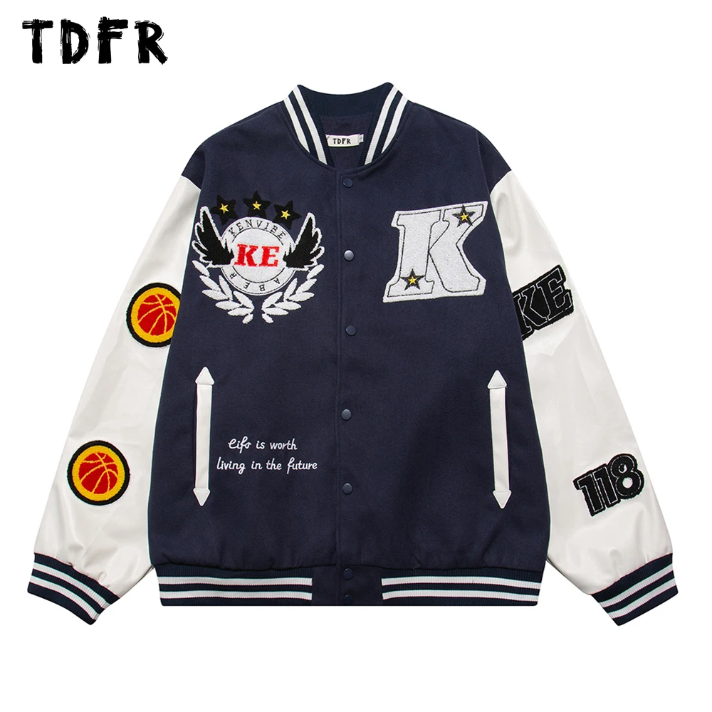Letter Embroidery PU Leather Jacket  Autumn Winter Streetwear Casual Loose Stand Collar Single Breasted Mens Letterman Jacket