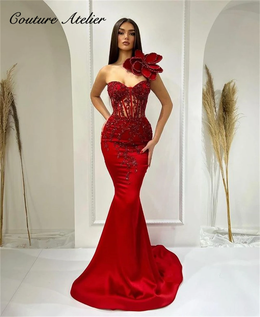 

Красное атласное платье с цветами на одно плечо, Элегантные Роскошные платья-русалки на заказ, женские платья-корсеты для особых случаев