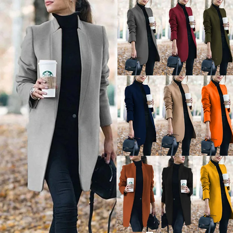 

New Fashion Women Casual All Match Coats Jackets 2022 Autumn Winter Solid Color Jacket Stand Up Collar Ladies Woolen Coat