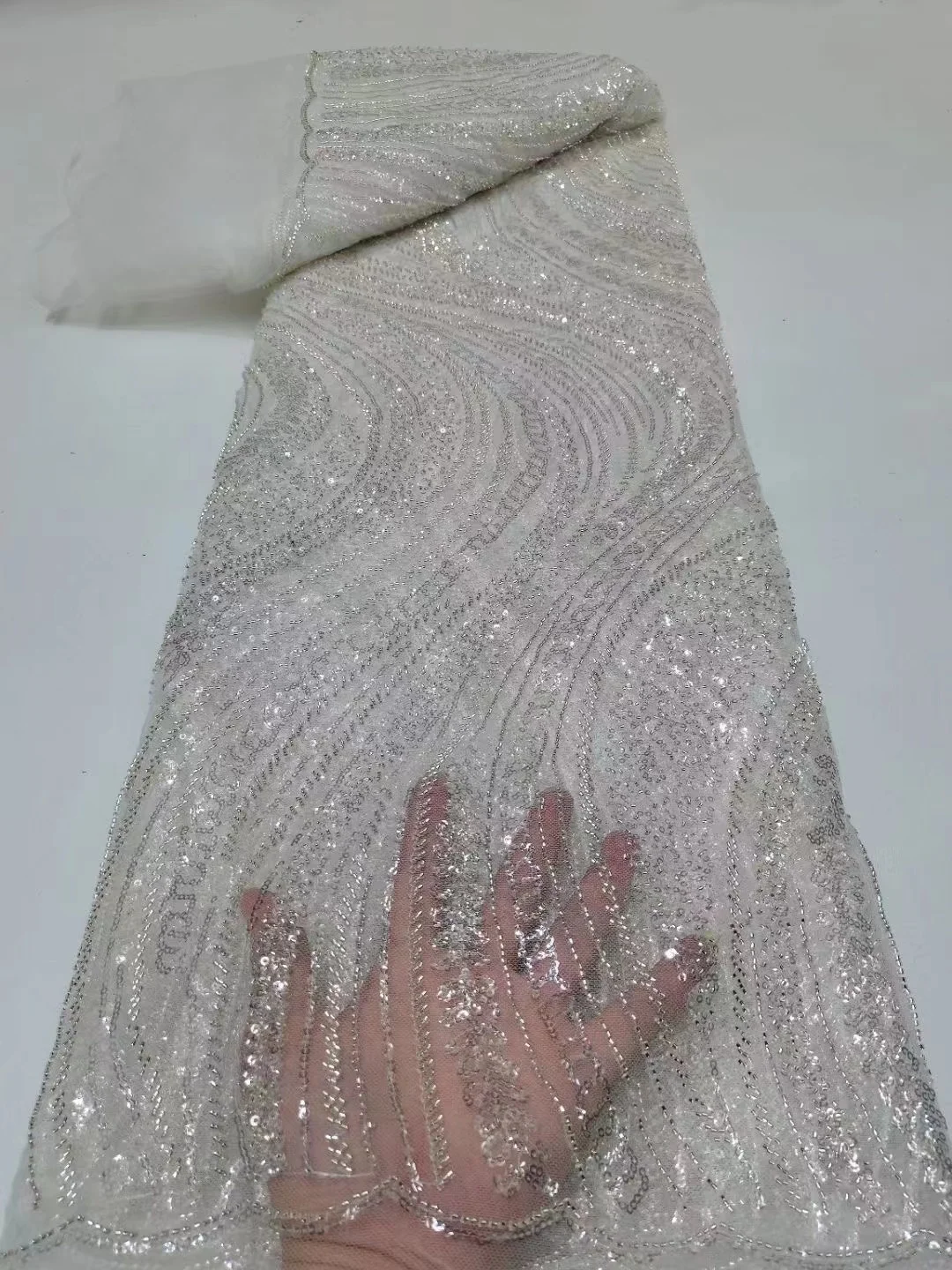 

White African Bead Tube Lace Fabric Luxury French Sequins Mesh Embroidery Tulle Lace Fabric for Wedding Party Dress