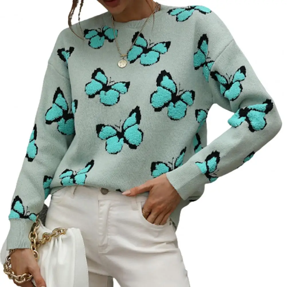 

2022 Thickened Knitted Sweater Autumn Winter Long Sleeve Ribbed Cuffs O-Neck Butterflies Print Sweater Jumper Female Clothing