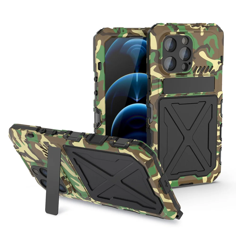 

Чехол с откидной подставкой из закаленного стекла для iPhone 14 Pro Max 14Plus, ударопрочный металлический защитный чехол с полным покрытием корпуса 360 градусов в стиле милитари