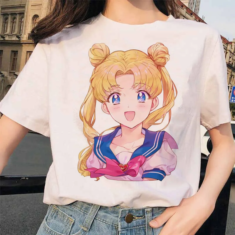 

Japanese Cartoon Funny T Shirt SailorMoon Printed Short Sleeve Harajuku shirt Tops Femela T-shirt summer Casual Cute Tops Tees